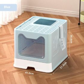 Cat Litter Box Front Entry Enclosed Extra Large Litter Box With Litter Catching Lid And Scoop For Big Cats Kitty (Color: Blue)